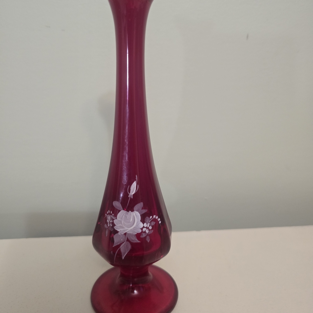 Fenton Ruby Red Vase with White Floral Design